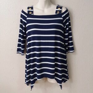 C. Oliver Women Size S Shirt Striped Cold Shoulder Navy White Stretch